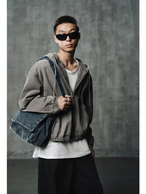 

Casual Waed Denim Jaet for Men Loose Fit Hooded Coat Youth Cotton 00% Long Sve Zipper Closure Color Streetwear