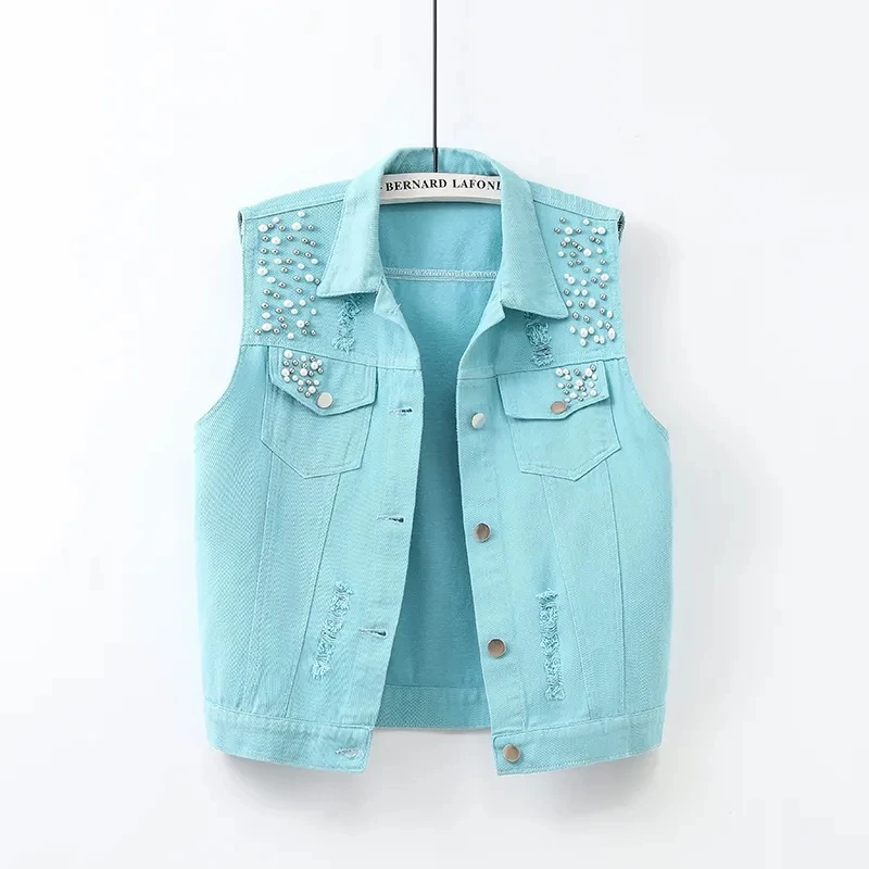 Colorful Denim Vest Women SpringSummer Jeans Short Jacket New Hole Nail Bead Sleeveless Jacket Sweetheart Tops Female Waistcoats