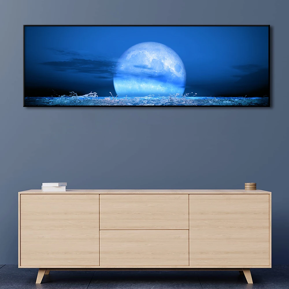 Moon Over Sea Poster Nighttime Clouds Moonlight Scenery Art Picture Minimal Wall Art Living Room Bedroom Home Decor Canvas Print