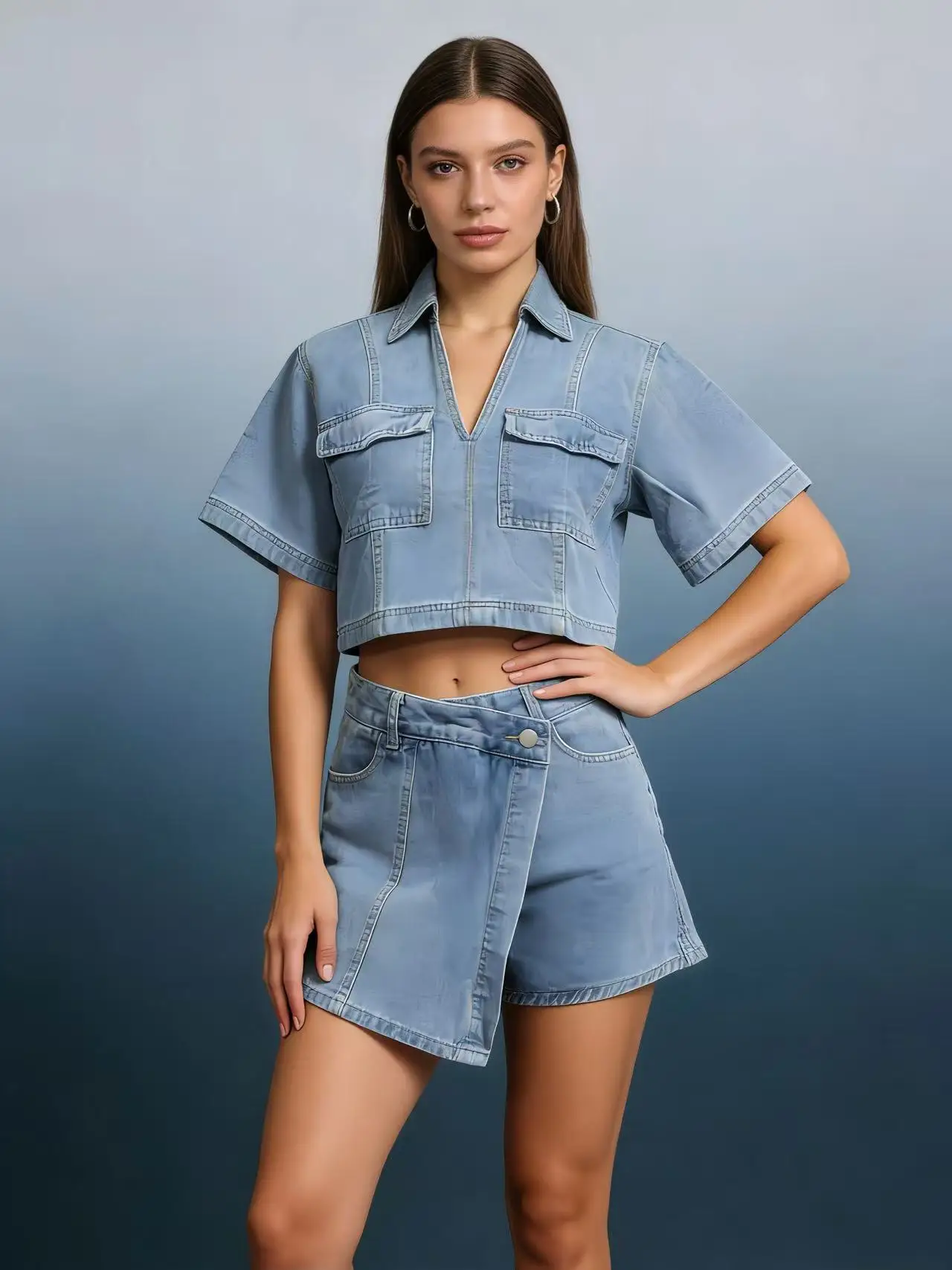 

ComfortStretch Skort Highrise Distressed Denim Skort Short Sleeve Casual Skort Asymmetrical Hem Micromini Skirt Pants