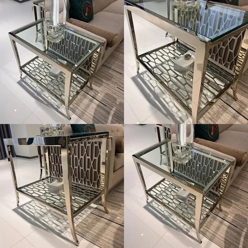 Modern luxury European and American style side table stainless steel frame with tempered glass top for living room