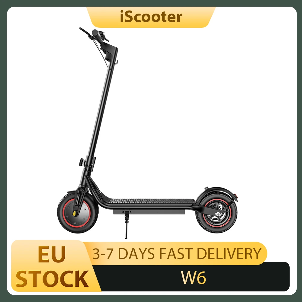 سكوتر كهربائي قابل للطي iScooter W6، محرك 500 وات، بطارية 36 فولت 7.8 أمبير في الساعة، إطار 10 بوصة، سرعة أقصى 35 كم/ساعة، نطاق 30 كجم، فرامل قرصية خلفية