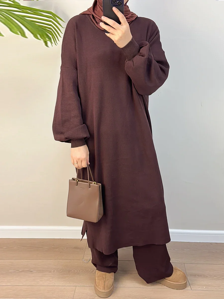 Muslim Woman Winter Sets Abaya 2 Piece Set Knitted Sweater Long Top Dress with Pants Matching Suit Autumn Islam Clothes Kebaya