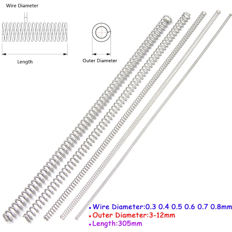 5pcs L=305mm 304 Stainless Steel Compression Spring Wire Dia 0.3 0.4 0.5 0.6 0.7 0.8mm Y Type Long Spring Outer Dia 3-12mm