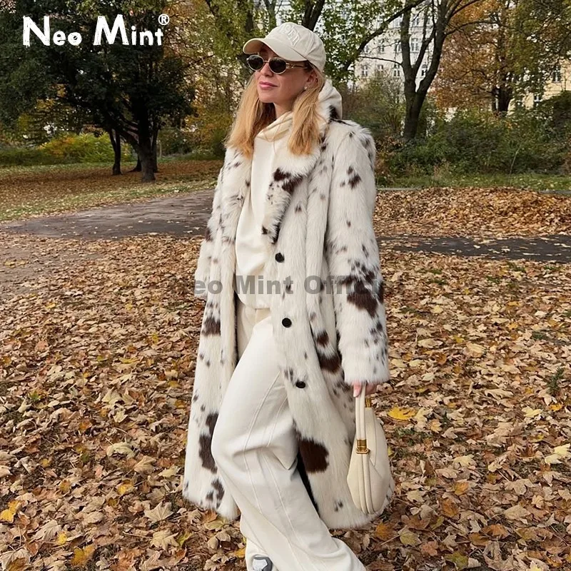 

Neo Mint Luxury Brand Cow Print Long Faux Fur Coat Women 2025 Winter Fluffy Thick Warm Eco Fur Jacket Girls Outerwear Overcoat