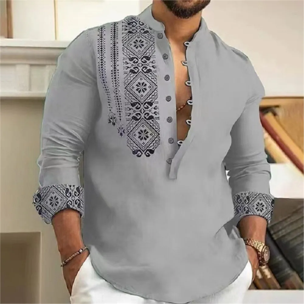 2025 Camicia da uomo Camicia stampata in 3D Camicia monopetto ampia a maniche lunghe Abbigliamento uomo musulmano Camicia con culo Tessuto di lino y2k