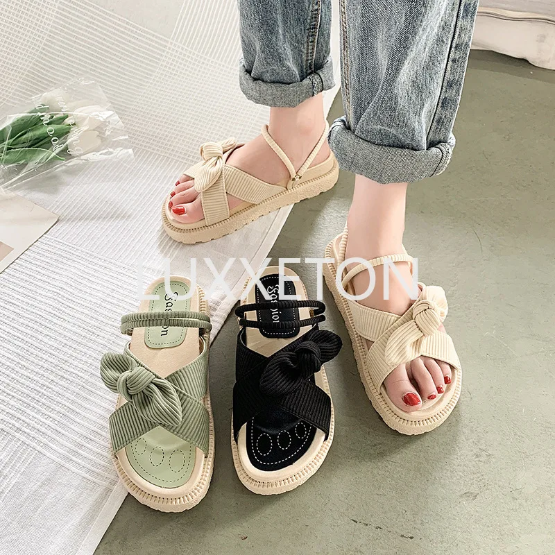 Women Slippers Summer New Fashion Thick Soled Roman Outdoor Beach Casual Bow Sports Comfortable Breathable Green Slippers