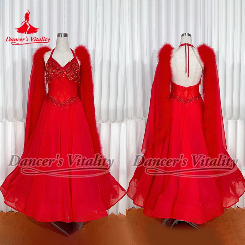 Women Ballroom Dance Perform Feather Style Dresses for Adult Advanced Customize Rumba Quickstep Waltz Tango Competition Clothing