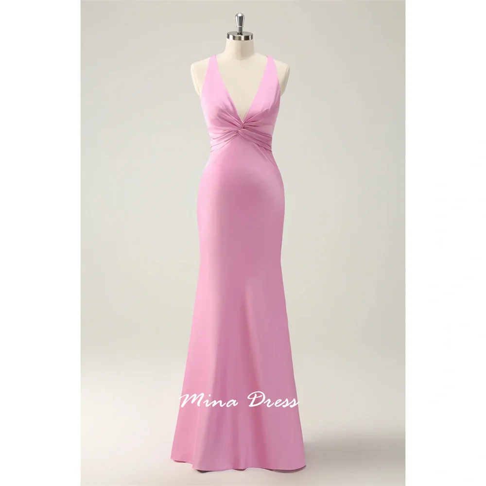 

Mina Customized Backless Wedding Dress Sleeveless Party Dresses 2025 Woman Luxury Dinner Wide Shoulder Strap V-link Cross Folds