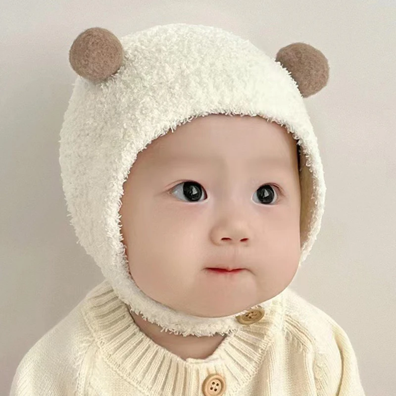 Cute Pom Bear Baby Hat 2024 Autumn Winter Baby Beanie Hat Girls Boys Ear Protection Hat Soft Thickened Bonnet Cap