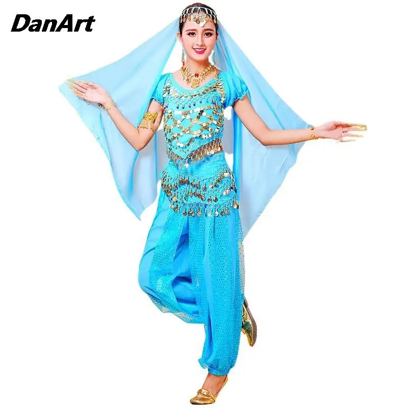 

2024 6PCS Ladies Belly Dance Performance Costume Set Indian Dance Practice Training Suit Hanging Gold Coins Cosplay Outfit Set