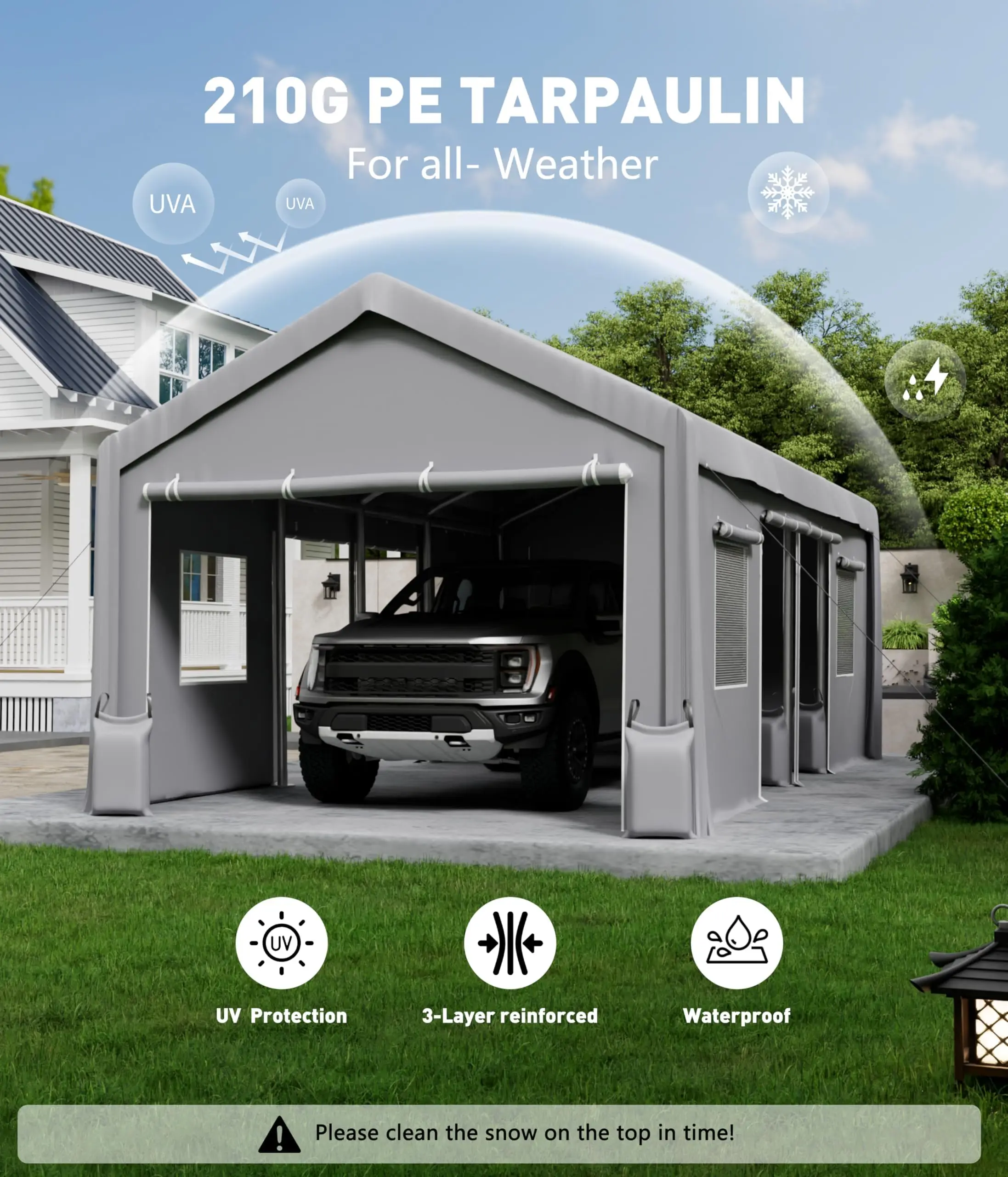 10x20Ft Carport, Portable Garage with Replacement Cover, 200g PE Cover, Heavy Duty Carport Canopy, Waterproof, UV