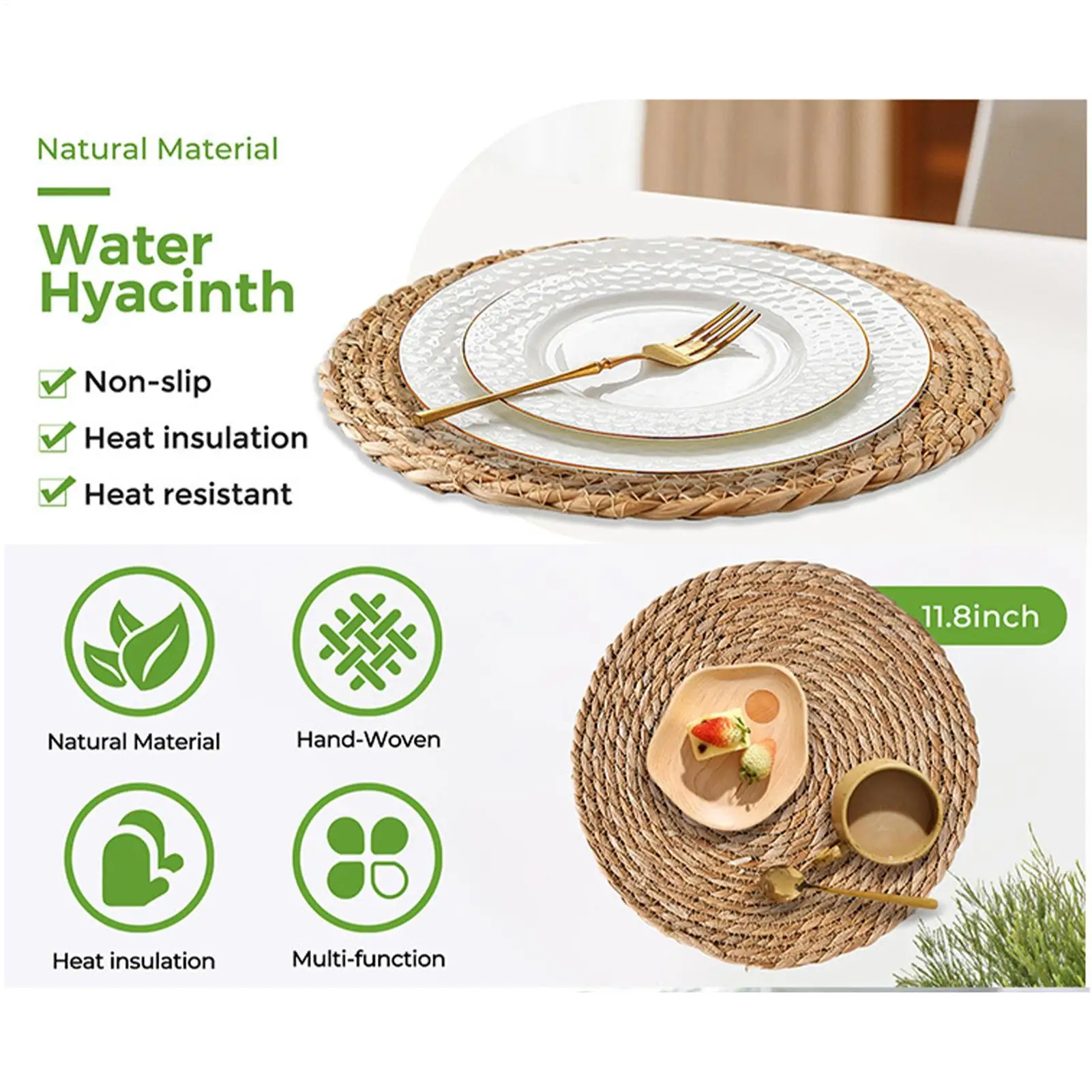 6pcs Round Woven Placemats Set Boho Rattan Placemat Natural Placemats 30cm Farmhouse Weave Straw Braided Table Dinner Mat