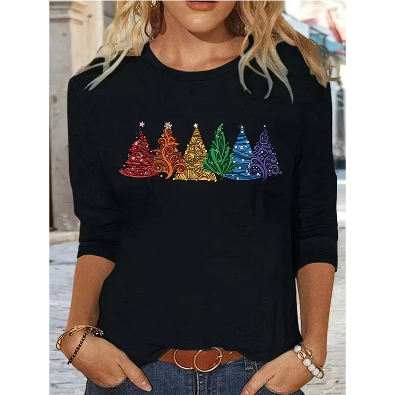 

Christmas All Seasons Long Sleeve T Shirt Women's Round Neck Vintage Tshirt Ladies Graphic Y2k Tees Tops T-shirt Streetwear