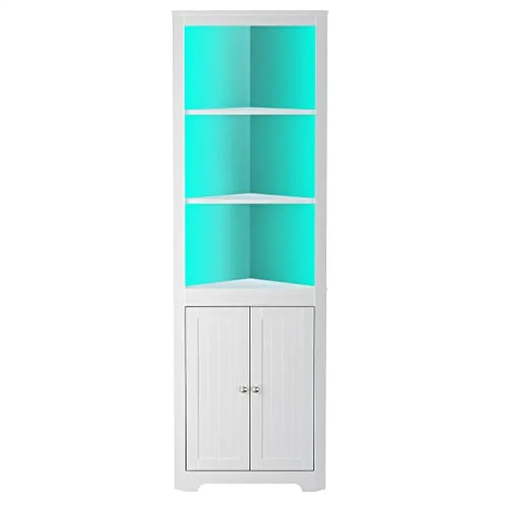 Corner Shelf LED Light 5-Tier Storage Cabinet Doors Bookshelf Stand Living Room Display Shelf Triangle Shape Tiered Shelf