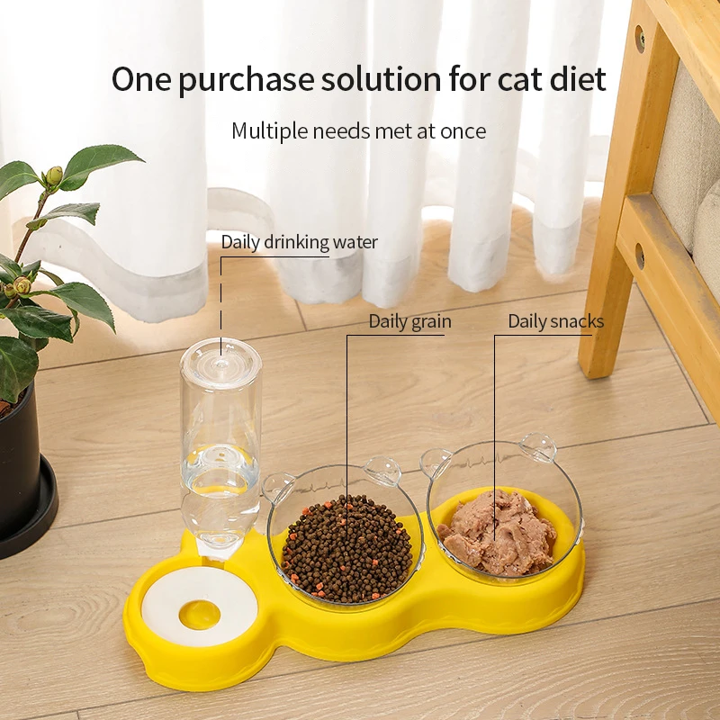 Pet Cat Bowl Automatic Feeder 3-in-1 Dog Cat Food Bowl With Water Fountain Double Bowl Drinking Raised Stand Dish Bowls For Cats