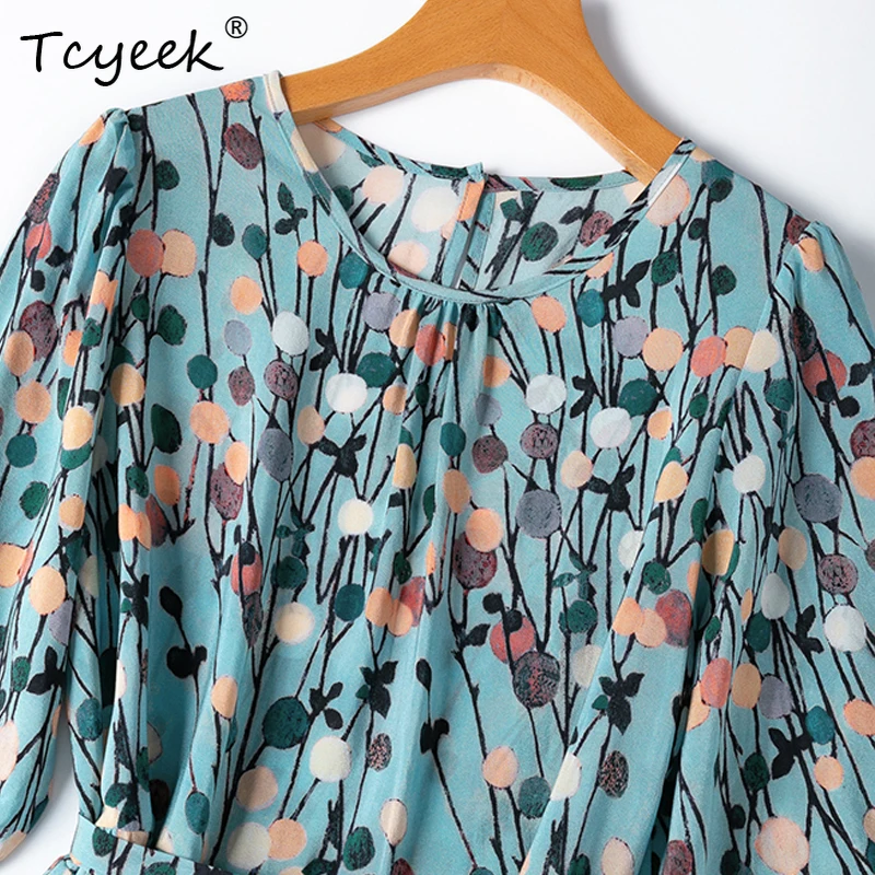 

Tcyeek, 100%Real Silk Elegant Dresses, Women Lantern Sleeve O Neck Printed, French Beach Vacation Dress, 2024 Summer D46311QC