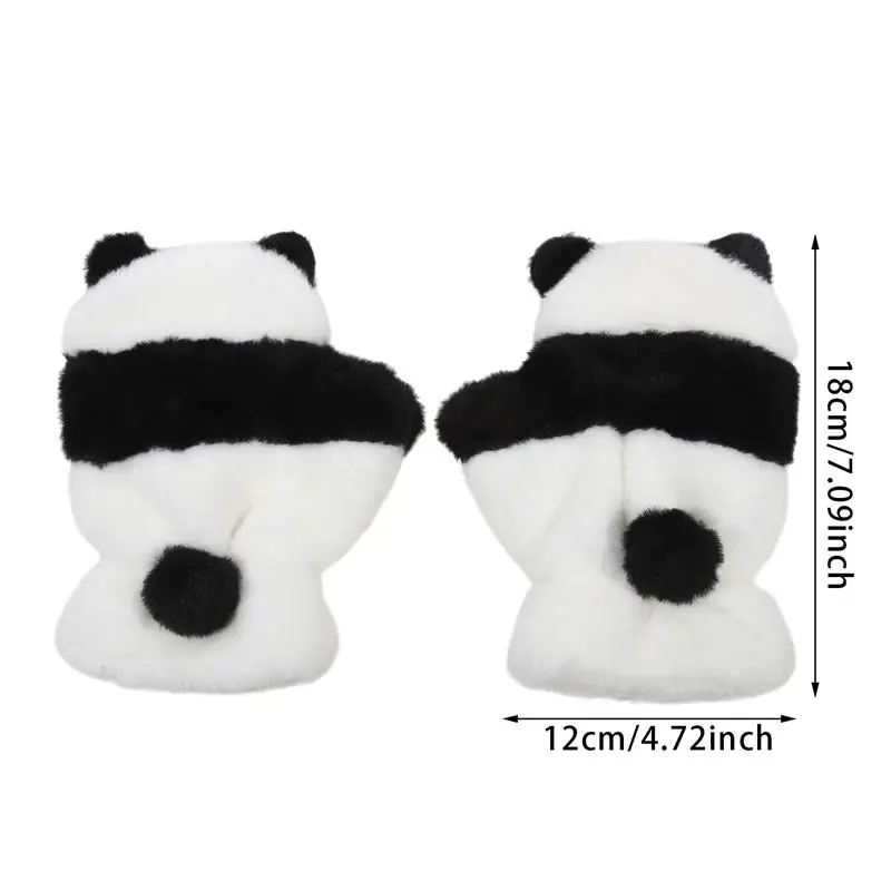 Winter Cartoon Panda Half-Finger Gloves Cute Fleece-lined Thicken Panda Black White Mittens Fashion Warm Windproof for Girl Boy