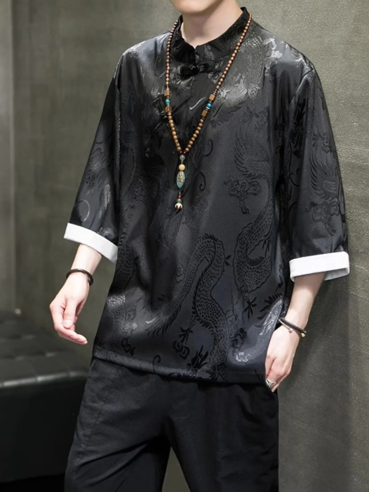 

Мужская футболка из ледяного шелка с вышивкой, свободного кроя, с круглым вырезом, коротким рукавом, в стиле ретро, китайский стиль, молодежная мода, повседневный летний топ