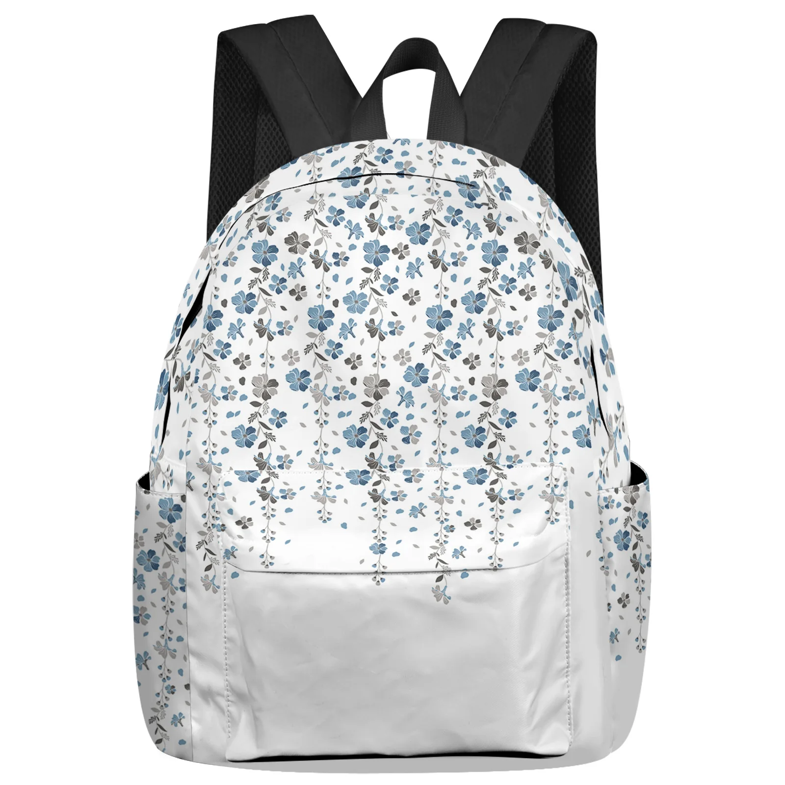 Blue Grey Flower White Background Student School Bags Laptop Custom Backpack For Men Women Female Travel Mochila