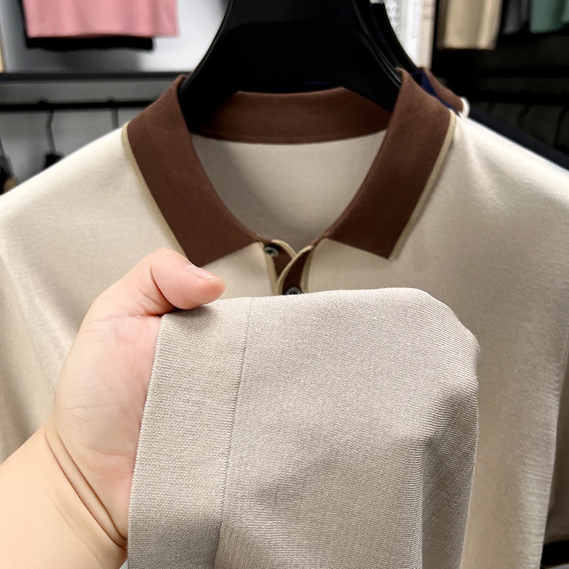

New Breathable Silk + Linen Knitwear Summer 2026 Men Trendy Lyocell Knit Polo shirt Short Sleeve Patchwork Soft Knitting Shirts