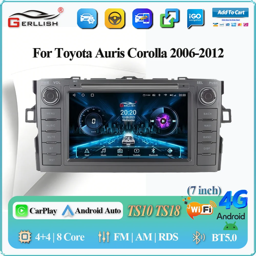 

Gerllish 2 DIN Android Car Stereo for Toyota Auris Corolla 2006-2012 Apple CarPlay GPS Navigation Multimedia Player