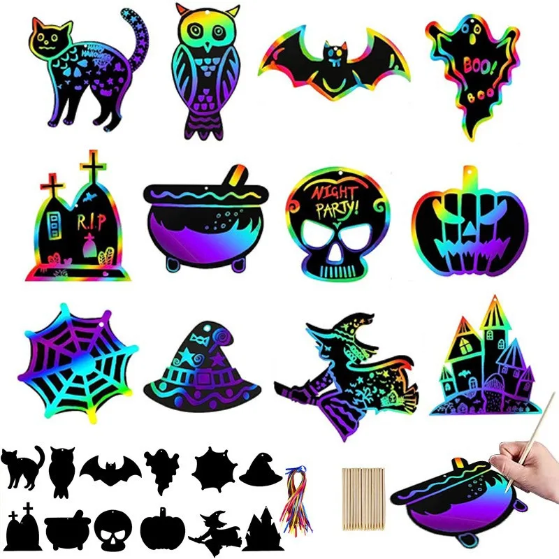 2025 Halloween Cartoon  Children's Scratch Paper Handmade Creative Scribble Painting  Special-shaped Colourful Scratch Paper DIY
