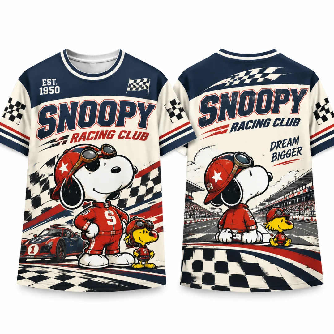 Snoopy Woodstock Racing Club T-Shirt Unisex Peanuts Race Track Checkered Flag Retro Motorsport Short Sleeve Kids Tee Fan Gift
