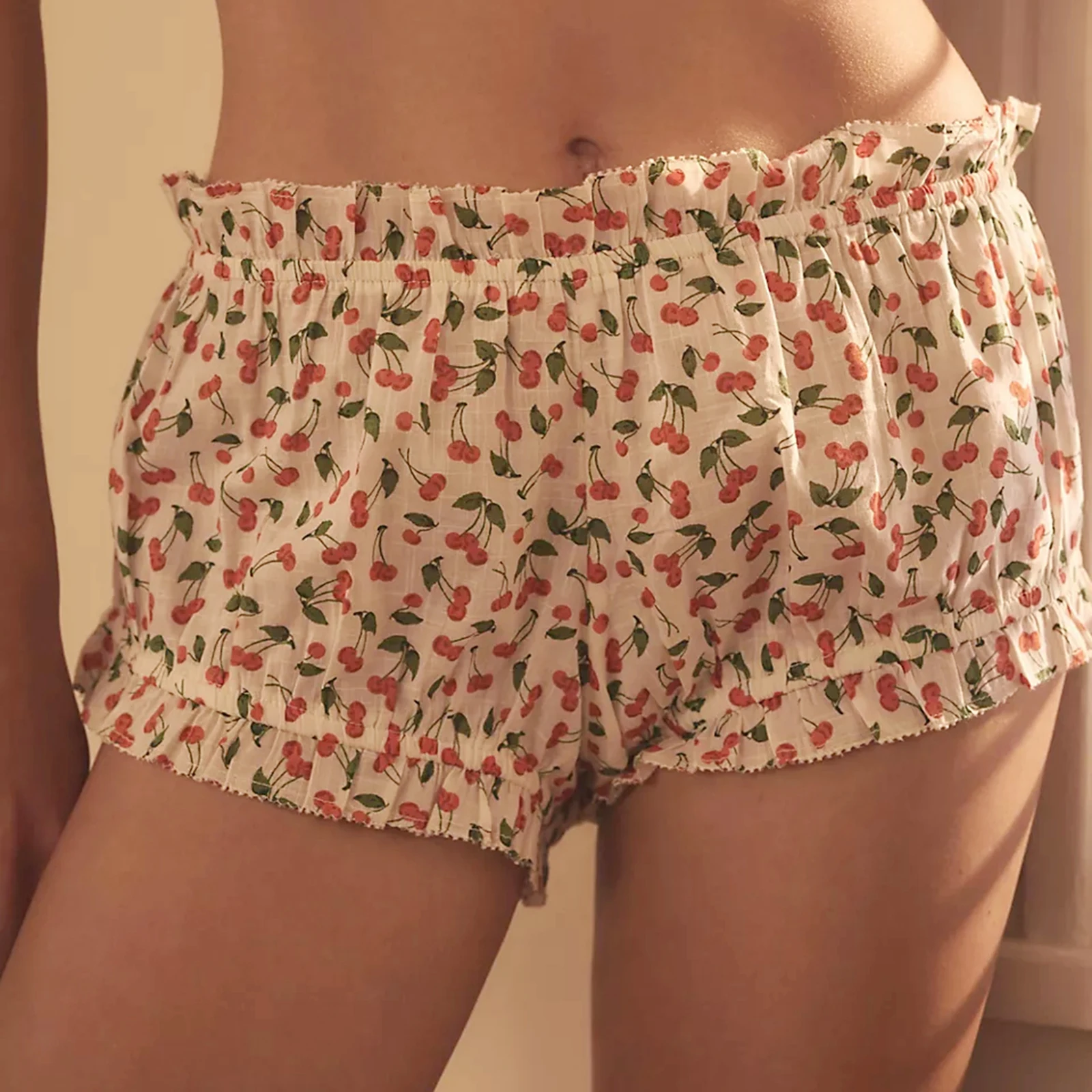 

Women's Lounge Shorts Casual Cherry Print Elastic Waist Ruffled Bloomers for Summer