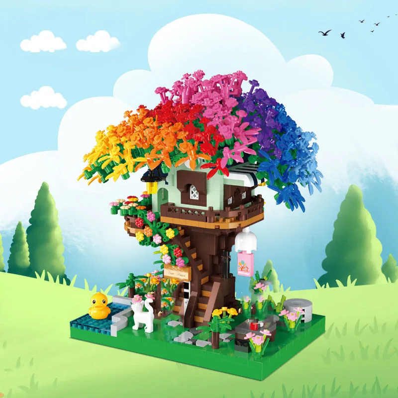 Creative Architecture Street View Treehouse Micro Diamond Block Rainbow Tree House Build Brick Figure Toys Nanobrick With Light