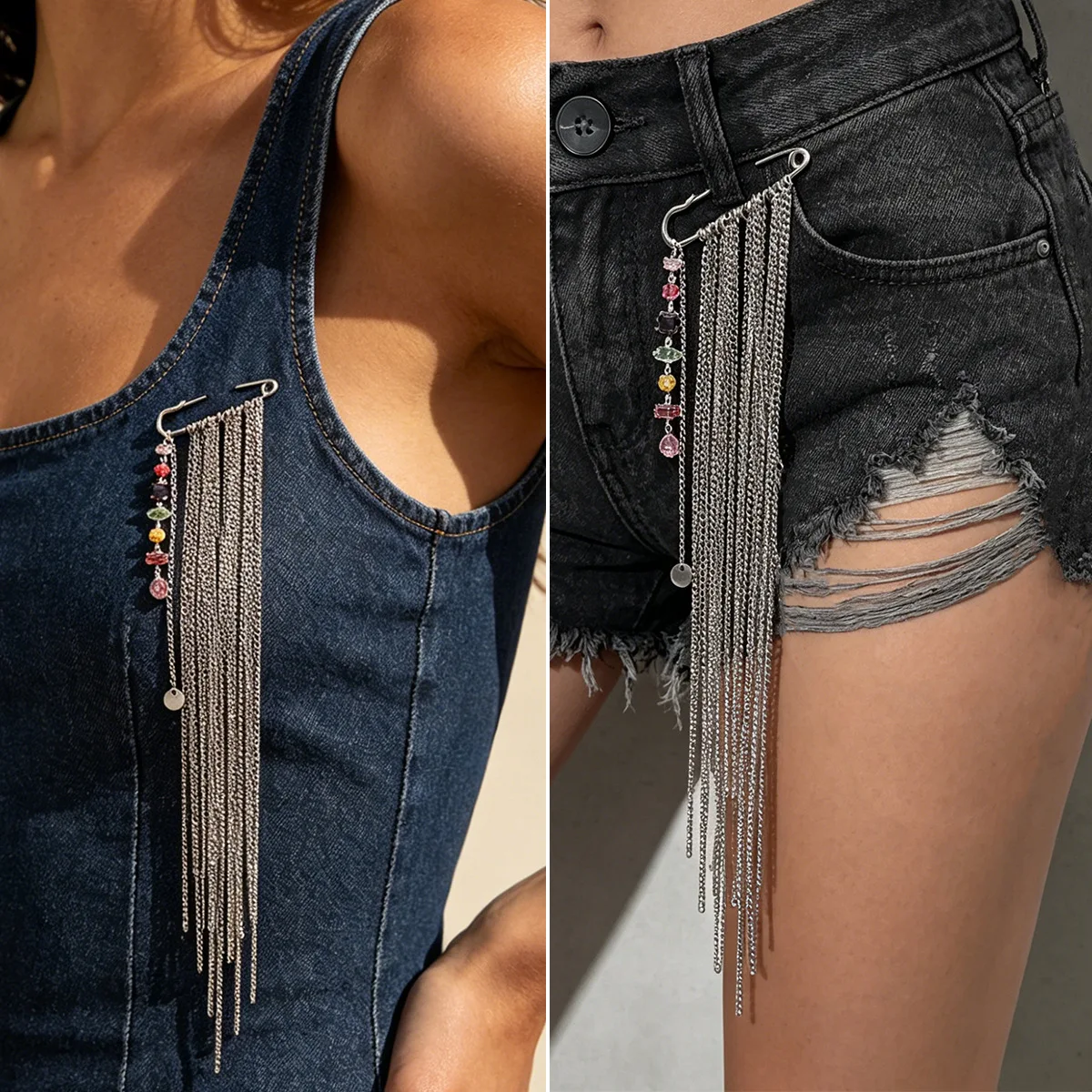 Brooch Pin Asymmetric Gemstone Tassel Versatile Metal Chain for Pants and Clothing Women Office Stylish Premium Quality