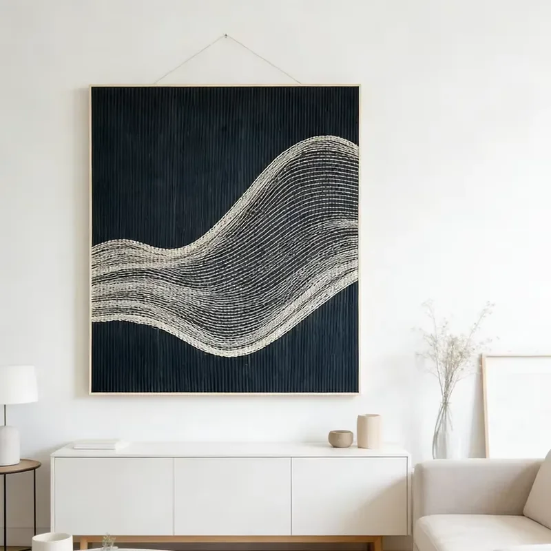 OEM Modern Layered Wave Textile Framed Woven Wall Art for Contemporary & Neutral Interiors
