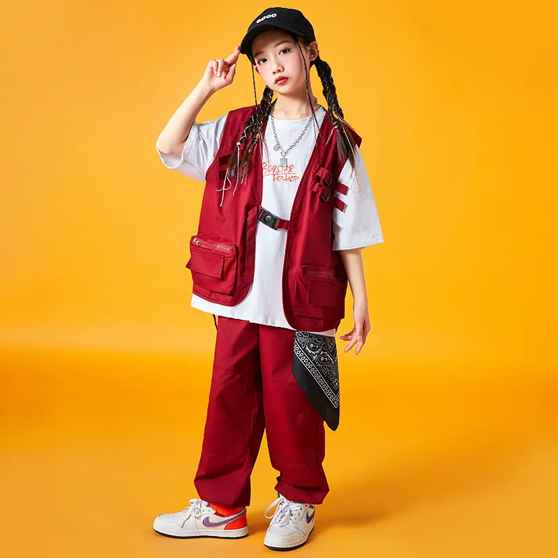 Monos para niños de 4 a 15 años, traje de chaleco rojo, pantalones de Hip Hop para niños, traje de chaleco rojo de moda de baile Jazz para niñas