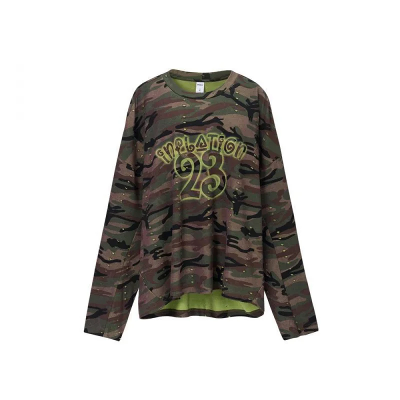 QICHE Men Street Camo Print Double‑Layer Cut‑Out Hollow Long Sleeve T‑Shirt 2026 Autumn New American Distressed Top