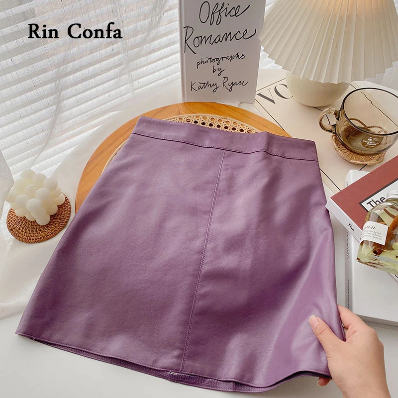 

Rin Confa Women Solid A-line PU Leather Skirts Above Knee Skirt Fashion With Female Mini Skirts Bottoms For Girls Autumn Winter