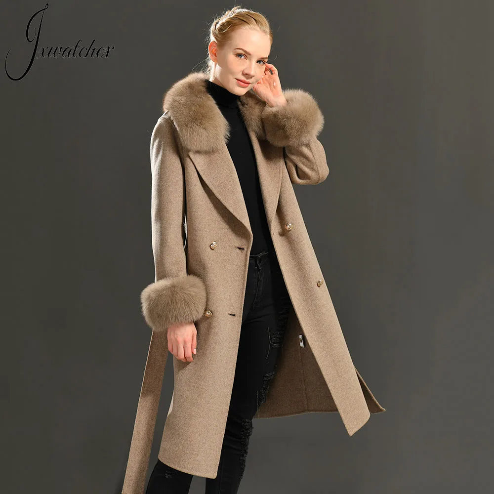 Women\'s Cashmere Wool Coat Spring Real Fox Fur Collar Woolen Trench Jacket Winter Adjustable Waist Slim Ladies Long Overcoat