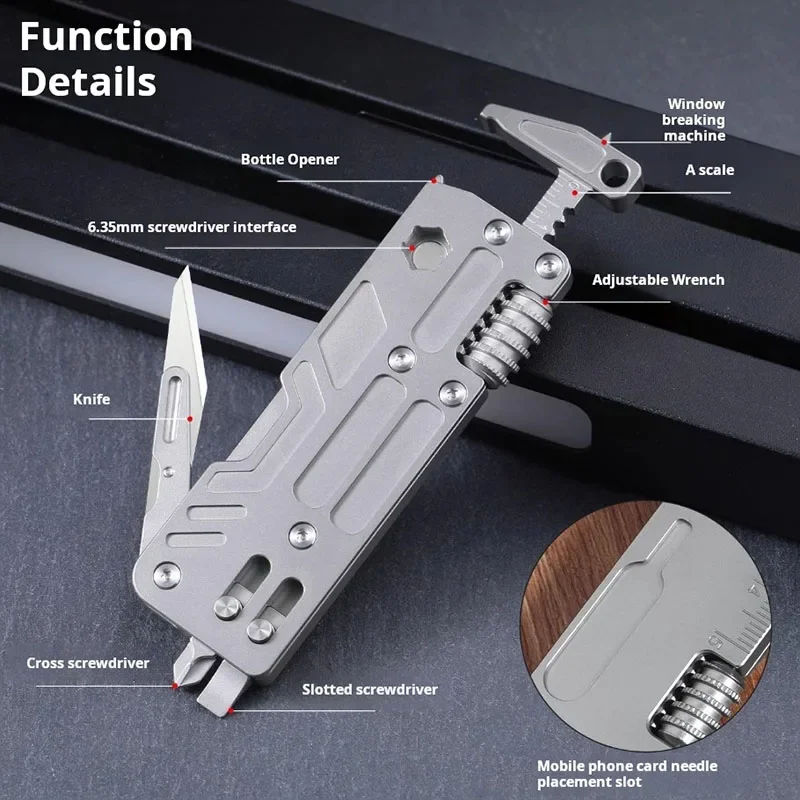 Titanium alloy multifunctional on-board wrench, screwdriver, window breaker, art knife, unboxing and paper cutting set