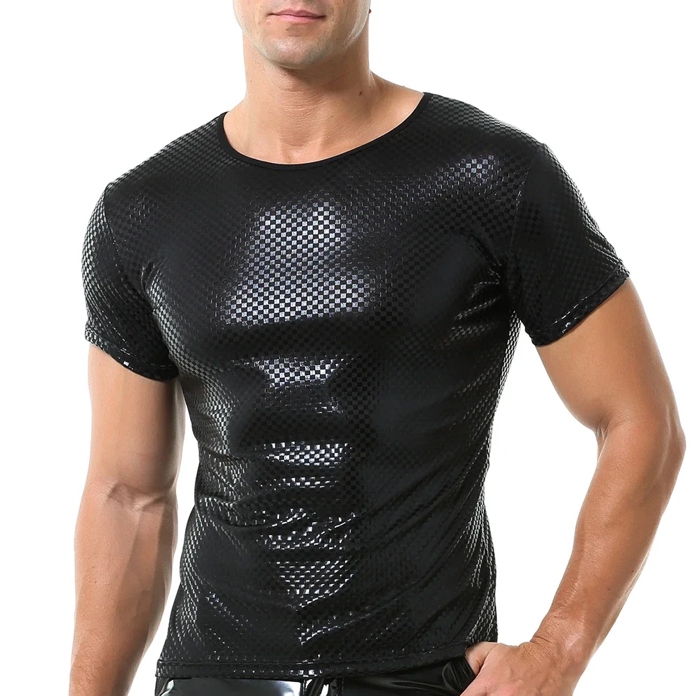 Men's Checkered Red/black Tight Short Sleeved Top PU Leather Round Neck Elastic Shaping Clothes Men's Fitness Sports Muscle Top