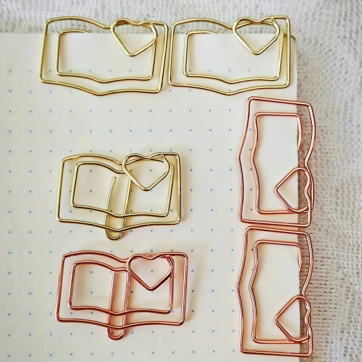 15Pcs Golden and Rose Book Shaped Metal Paper Clips Cartoon Themed Organizers for Memos Files Office Stationery and Gifting Use