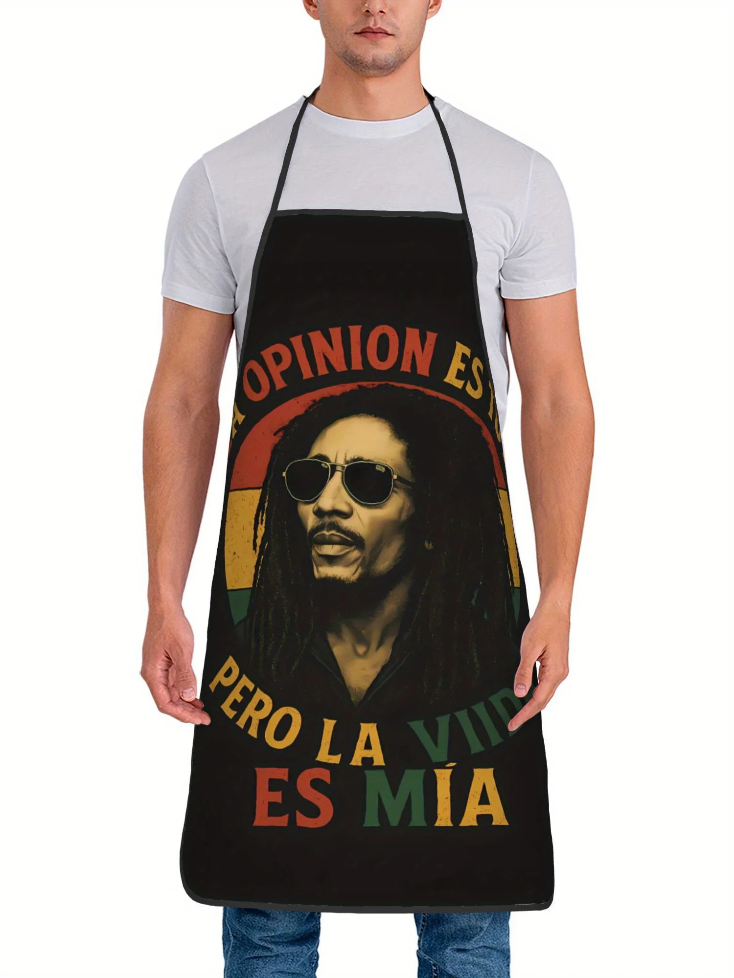 Retro Reggae Style Apron, Rasta Lion Graphic Cooking Bib, Vintage Jamaica Kitchen Decor, Gift for Music Lover Chef