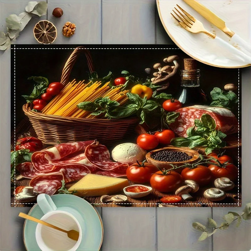 Italian Pasta Linen Placemat Retro Spaghetti Tomato Pattern Table Mat Heat Resistant Coaster Dining Bowl Plate Cushion Pad