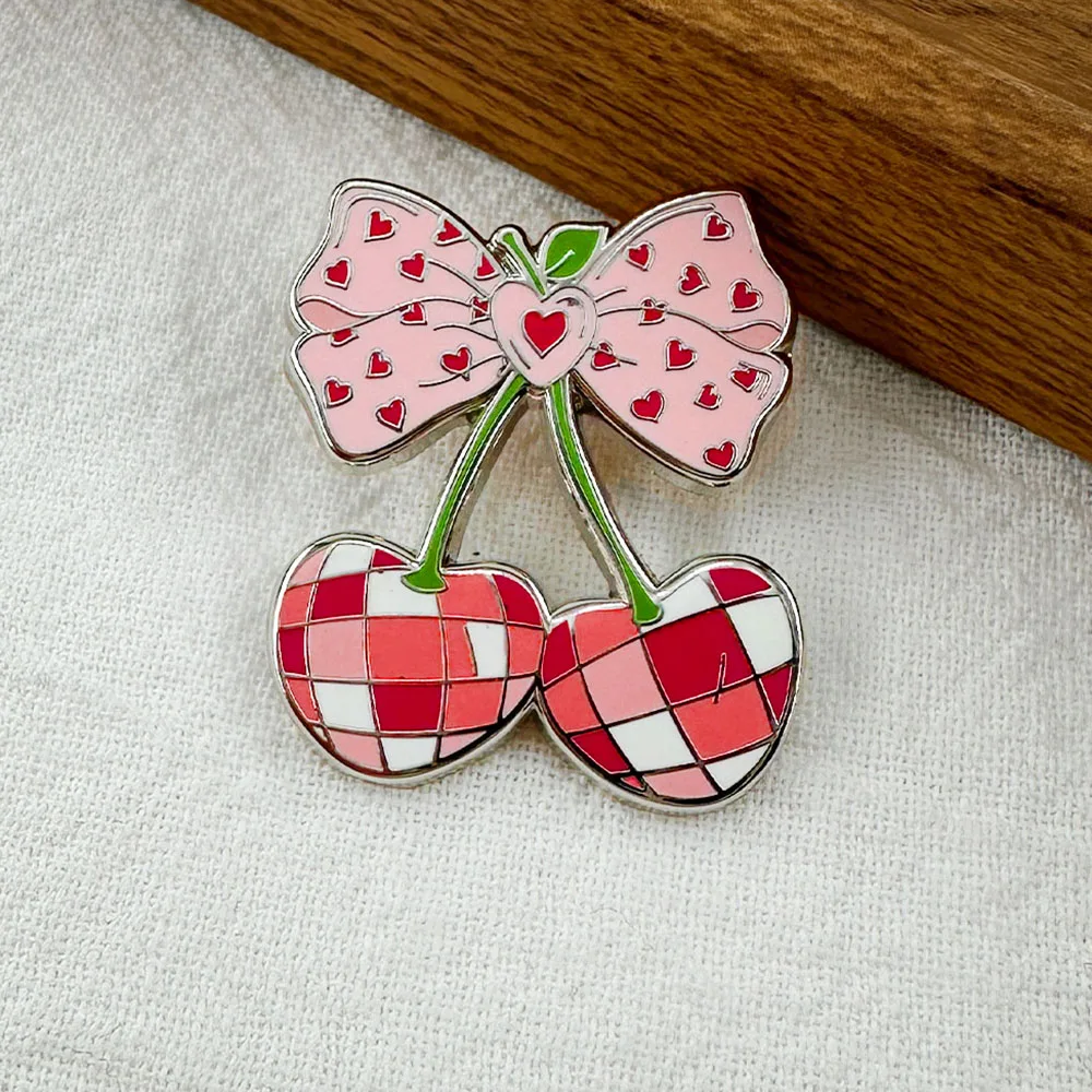 Cute Plaid Cherry Bow Enamel Brooch Pink Heart-Shaped Sweet Fruit Badge Kawaii Fashion Accessory Valentine'S Day Gift