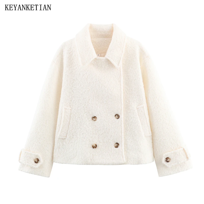 

KEYANKETIAN 2025, новая зимняя женская флисовая короткая куртка, простой стиль, двубортное свободное пальто с отложным воротником, верхнее пальто