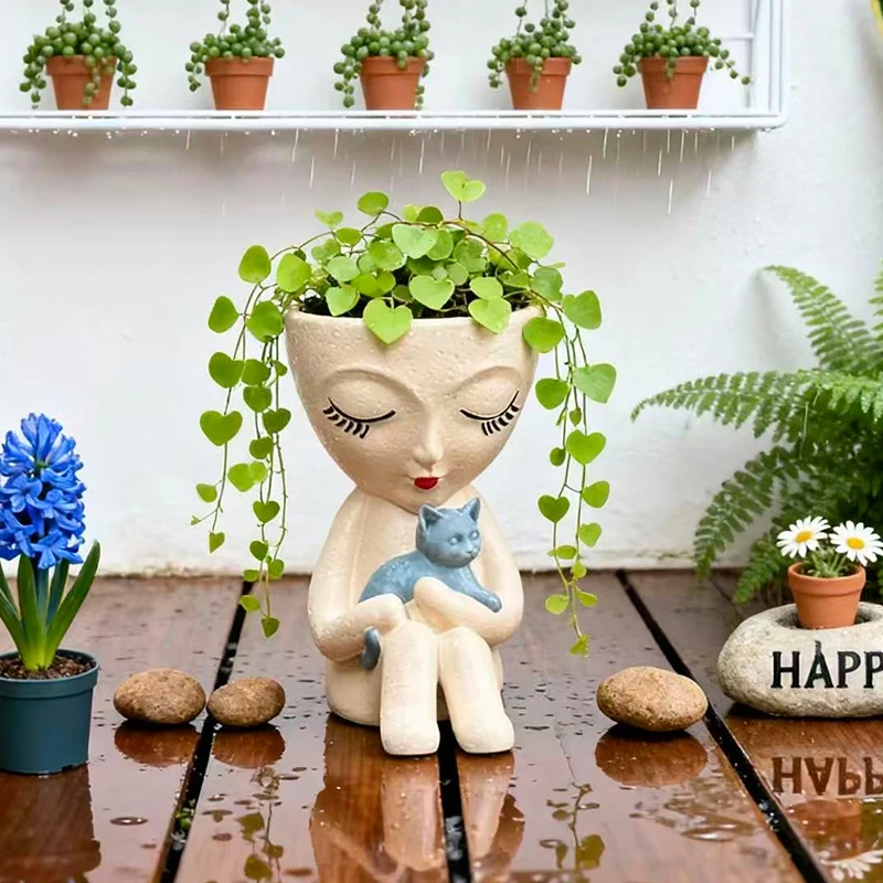 Simple Sitting Posture Girl Holding Cat Flowerpot Creative Succulent Plant Vase Container Outdoor Courtyard Garden Decoration