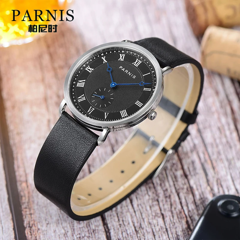 2025 Новые повседневные часы Parnis 40 мм с черным циферблатом, кварцевые мужские часы с синими стрелками, 20 мм, кожаный ремешок, часы для мужчин, reloj hombre, мужские часы, подарок
