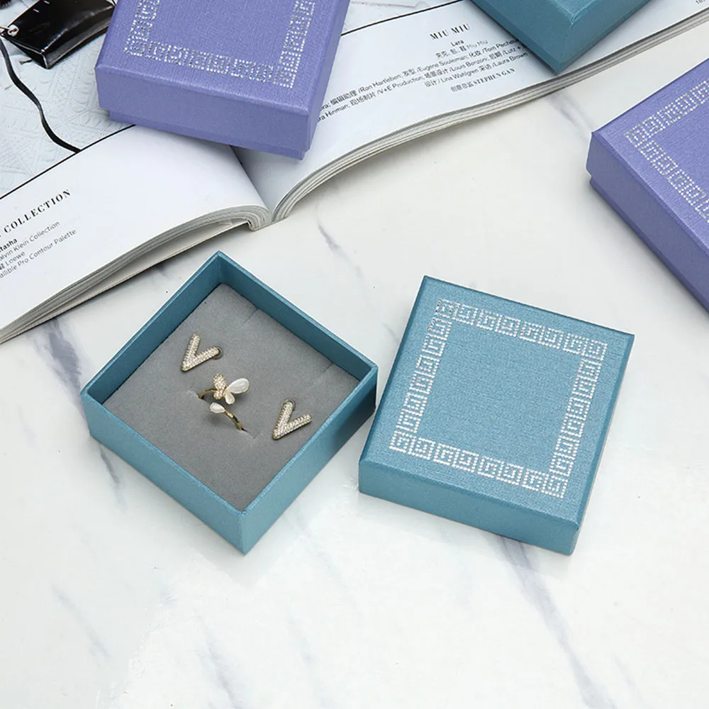 Fashion and Simple Sky Blue Jewelry Gift Box Display Ring Earring Bracelet Packaging Cardboard Storage Showcase with Grey Sponge