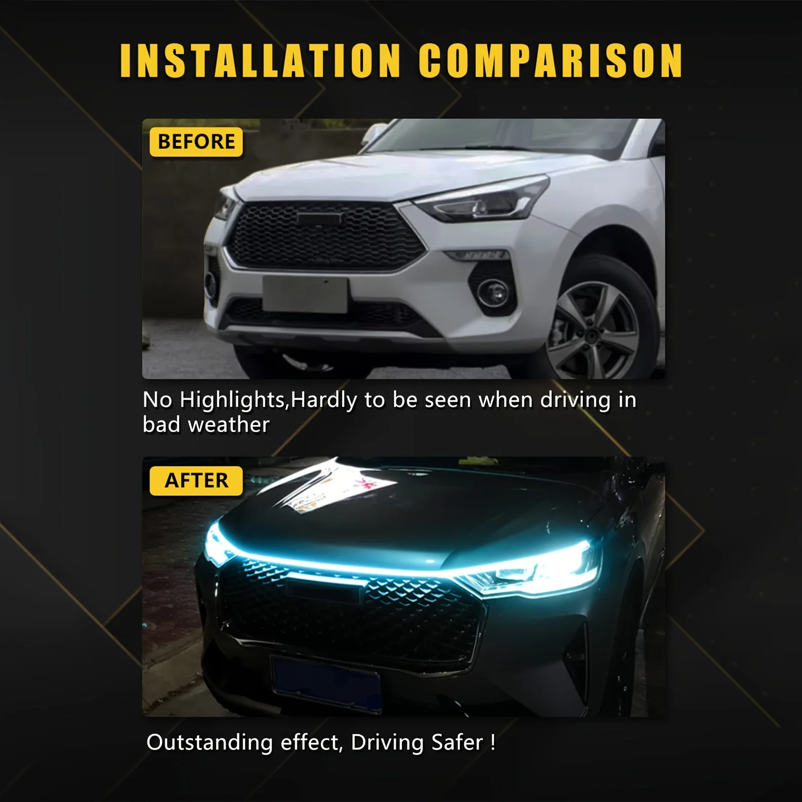59-70'' Exterior Car Hood Light Strip, 12V Flexible DRL LED Strip, with Start Scanning Led Hood Glow Lights for Cars Trucks SUV view 3
