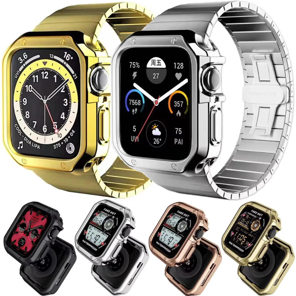 

Роскошный металлический ремешок + чехол для Apple Watch 9 8 7 45 мм 41 мм Защитный чехол для экрана iWatch серии 6 5 4 3 SE 44 мм 40 мм Браслет