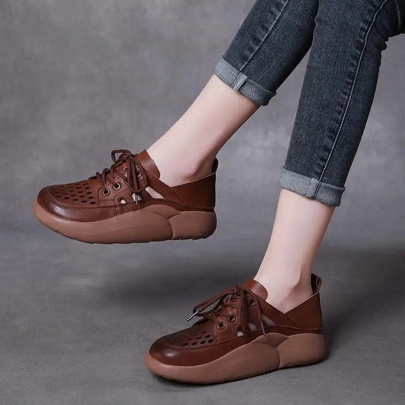 New Summer Women Shoes Vintage Genuine Leather Hollow Muffin Shoes Hole Thick Soled Casual Sandals Breathable Comfort Sneakers