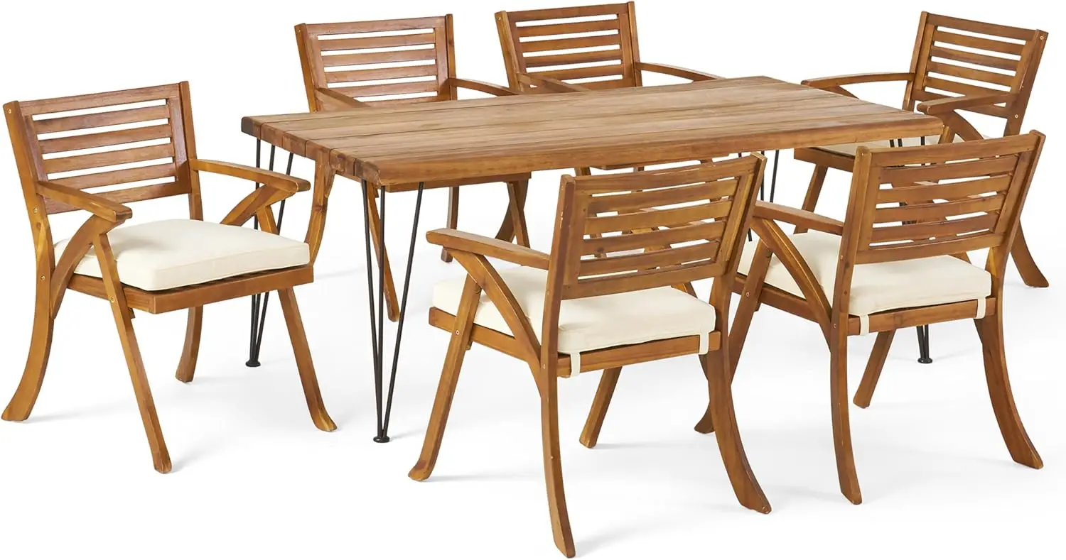 Conjunto De Jantar Do Pátio Com Top E Cadeiras De Madeira De Acácia, Pernas De Mesa De Ferro, 6 Lugares